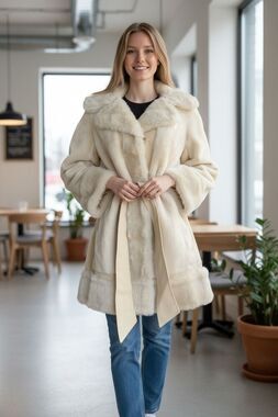 VTG BORGANA Faux Fur Leather Penny Lane Coat Sz 6 Beige Belted Winter Mob Wife